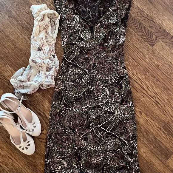 Cute Vintage (90s) Empire-Waist Short-Sleeve Brown Paysley-ish Dress - 8-10-S/M - Picture 7 of 7